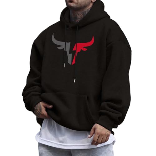 Generisch Männer Büffel Kapuzenpullover Casual Blumendruck Langarm Sweatshirt Rind Bulle Kordelzug Hoodie Hip Hop Hoody Fashion Outdoor Kleidung Rundhals Pullover mit Kapuze (Schwarz, S) von Generisch