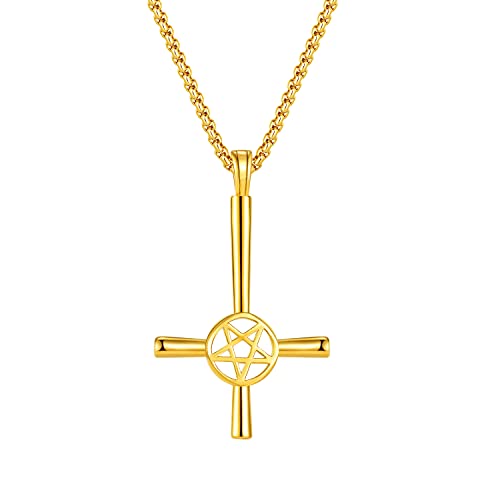 Generisch Männer Halskette Anhänger Umgekehrt Kreuz Pentagramm Satan Punk Schmuck Edelstahl 55cm Kette (Gold) von Generisch