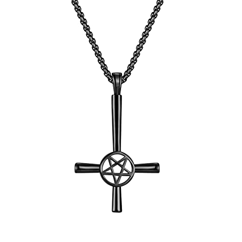 Generisch Männer Halskette Anhänger Umgekehrt Kreuz Pentagramm Satan Punk Schmuck Edelstahl 55cm Kette (Schwarz) von Generisch