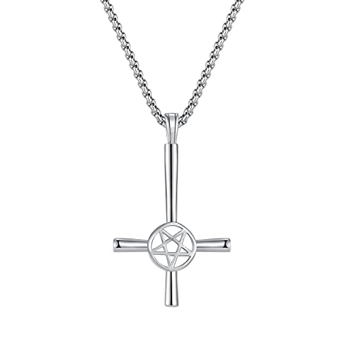 Generisch Männer Halskette Anhänger Umgekehrt Kreuz Pentagramm Satan Punk Schmuck Edelstahl 55cm Kette (Silber) von Generisch