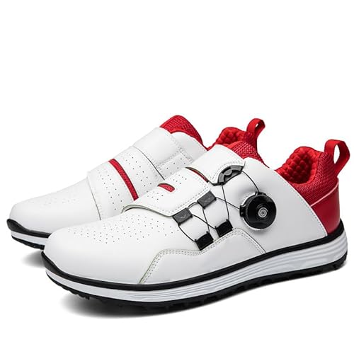 Generisch Männer Verschleißbeständigkeit Golfschuhe Drehknopf Sportschuhe Zerbrochen Nägel Rutschschutz Golfschuhe (Weiß Rot,47) von Generisch