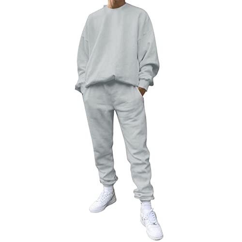 Generisch Männlicher lässiger Fester Zweiteiliger Anzug mit O-Ausschnitt, schulterfreiem Ärmel, Sweatshirt, Kordelzug, Hosenset (Grey, L) von Generisch