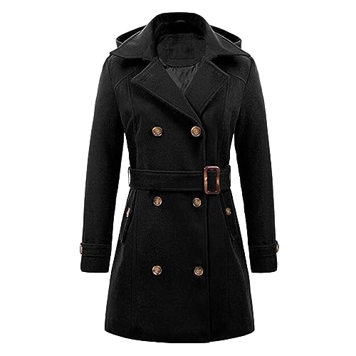 Generisch Mantel Damen Elegant Elegant Trenchcoat Schwarz Wintermantel Revers Tweed Blazer Große Größen Wollmantel Mit Gürtel Knöpfen Mantel Tailliert Wolljacke Zweireiher Kurzmantel von Generisch