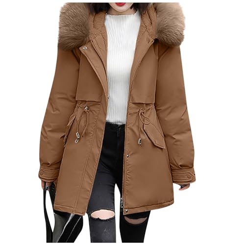 Generisch Mantel Damen Lang, Women'S Coats Fashion Casual Solid Color Hooded With Plush Medium-Length Long Sleeved Cotton Coat Jacket Daunenmantel Beheizbare Jacke (XL, Kaffee) von Generisch