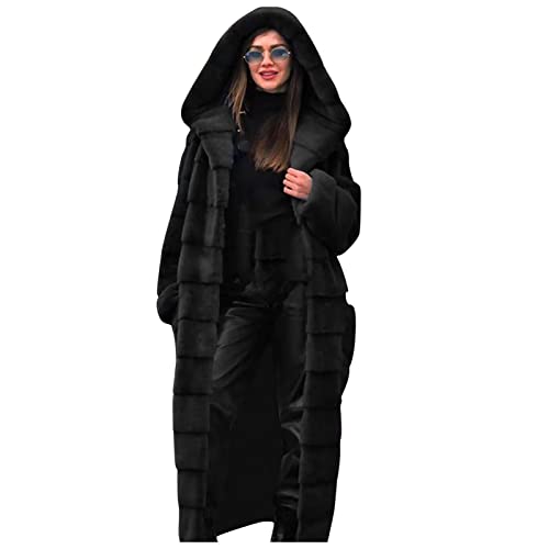 Generisch Mantel Damen Lang Fleece mit Kapuze Fleecejacke Damen Warm Dicke Wintermantel Flauschig Kunstpelz Warme Teddyjacke Damen Winter Langer Wintermantel Plüsch Fleecemantel Einfarbig mit Taschen von Generisch