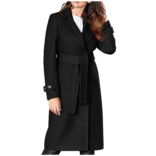 Generisch Mantel Damen Revers Wollmäntel Locker Mittellang Trenchcoat Einfarbig Wintercoat mit Gürtel Winter Warmer Oberbekleidung Mode Teenager Mädchen Wintermantel Alltäg Damenmantel mit Taschen von Generisch