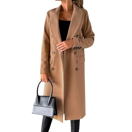 Generisch Mantel Damen Winter Wollmantel Lang Wintermantel Elegant Winterjacke Mit Knöpfen Trenchcoat Mit Taschen Damenmantel Warm Übergangsjacken Winddicht Wolljacke Einfarbig Windbreaker Langarm von Generisch
