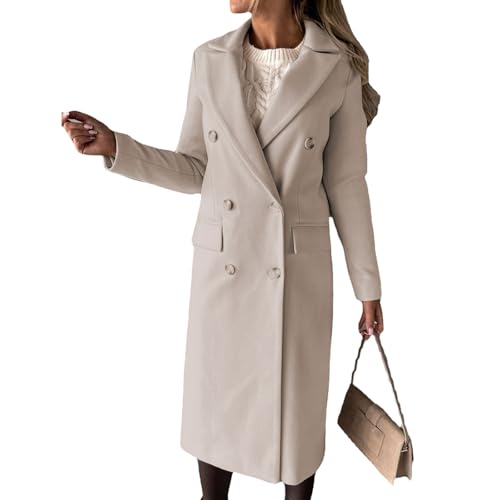 Generisch Mantel Damen Winter Wollmantel Lang Wintermantel Elegant Winterjacke Mit Knöpfen Trenchcoat Mit Taschen Damenmantel Warm Übergangsjacken Winddicht Wolljacke Einfarbig Windbreaker Langarm von Generisch