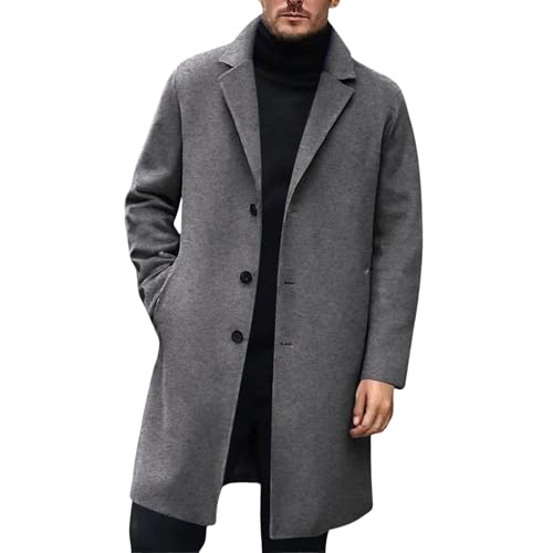 Generisch Mantel Herren Kerbkragen Trenchcoat Lang Winterjacke Warme Wollmantel mit Knopfleiste Einfarbig Herbstmantel Elegant Wintermantel Herbst und Winter Übergangsmantel für Männer von Generisch