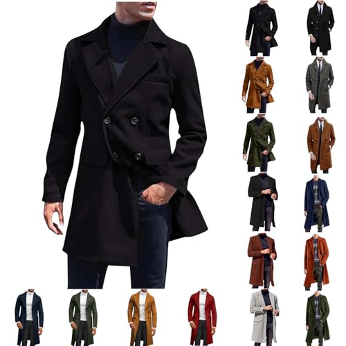 Generisch Mantel Herren Lang Wintermantel Warehouse Deal Bequeme Wollmantel Wolle Trenchcoat Herrenmantel mit Taschen Winter Kerbkragen Jacke Warme Übergangsmantel Winterjacke Gutscheinee Schwarz M von Generisch