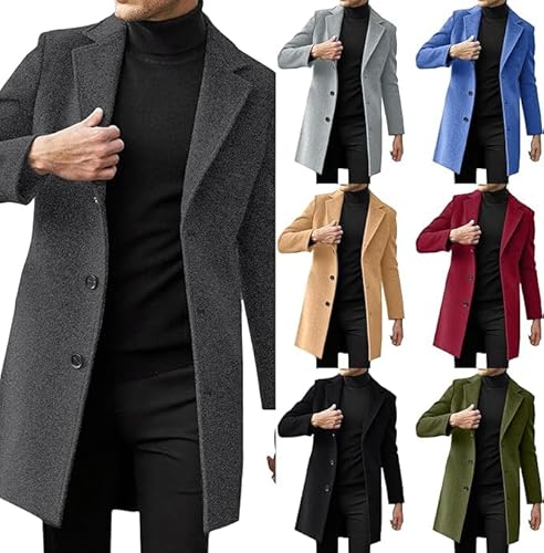 Generisch Mantel Herren Lange Jacke Wintermantel mit Knopfleiste Trenchcoat Mittellang Wollmantel mit Revers Winterjacke für Business Winter Warme Freizeit Oberbekleidung Slim Fit Outfit Coat von Generisch