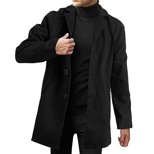 Generisch Mantel Herren Schwarzer Wintermantel Wolle Winter Kurzmantel Mittellang Wollmantel Kurz Winterjacke für Business Freizeit mit Taschen Große Größen Coat V-Ausschnitt Jacken von Generisch