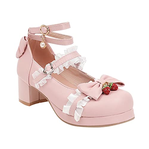 Generisch Mary Jane Halbschuhe FüR MäDchen Prinzessinnenschuhe FüR GroßE MäDchen Zum SchnüRen Mit Schleife Verziert Dicke AbsäTze High Heels Party Hochzeit Abschlussball Kinder Laufschuhe von Generisch
