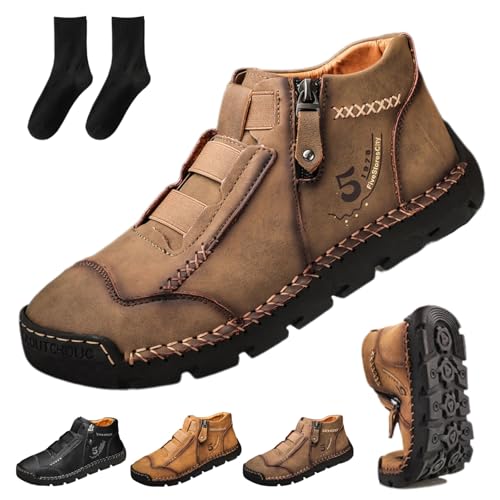 Generisch Matufit Schuhe for Herren, Herren Echtleder Wasserdicht rutschfest Modisch Orthopädische Halbschuhe Seitlicher Reißverschluss Schlupfstiefel(Khaki Velvet,48 EU) von Generisch