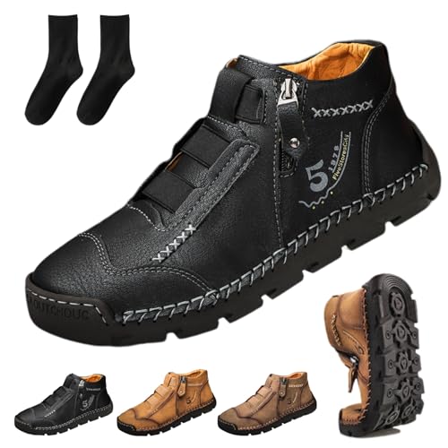 Generisch Matufit Schuhe for Herren, Herren Echtleder Wasserdicht rutschfest Modisch Orthopädische Halbschuhe Seitlicher Reißverschluss Schlupfstiefel(Schwarz,47 EU) von Generisch