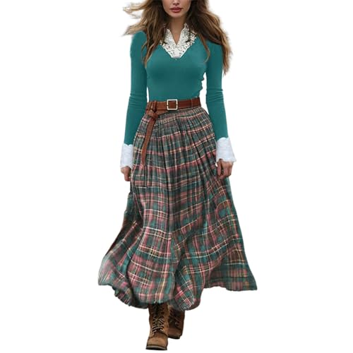 Generisch Maxikleid Damen, Boho Kleid Damen Langes Vintage Rustikaler Stil V-Ausschnitt Sommerkleid Mit Blumenmuster LäSsiges Maxikleid FrüHling Langarm Blumenkleid Western Country Chiffonkleid von Generisch