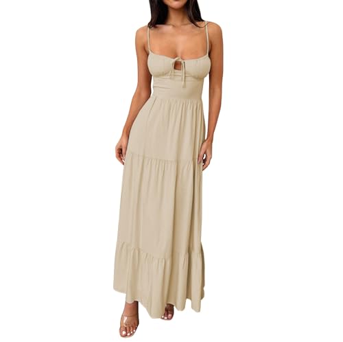 Generisch Maxikleid Damen Sommer Elegant Spaghettiträger Sommerkleid Damen Rückenfrei Kleider Korsett Schwingen Sommerkleider Damen Leicht Und Luftig Kleid Frauen Corset Kordelausschnitt Strandkleid von Generisch
