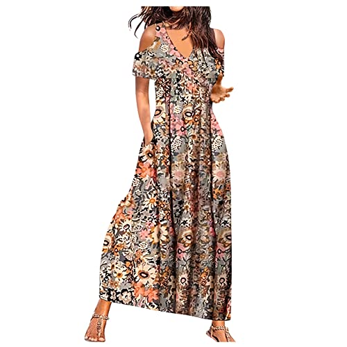 Generisch Maxikleid Damen Sommer mit Ärmel Elegant Kleider Damen Sommer Lang Cold Shoulder Sommerkleid Damen Leicht Und Luftig Maxi Sommerkleider V Ausschnitt Kleid Frauen mit Taschen Damenkleider von Generisch