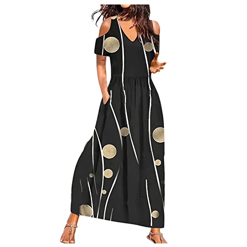 Generisch Maxikleid Damen Sommer mit Ärmel Elegant Kleider Damen Sommer Lang Cold Shoulder Sommerkleid Damen Leicht Und Luftig Maxi Sommerkleider V Ausschnitt Kleid Frauen mit Taschen Damenkleider von Generisch