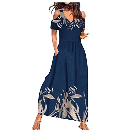 Generisch Maxikleid Damen Sommer mit Ärmel Elegant Kleider Damen Sommer Lang Cold Shoulder Sommerkleid Damen Leicht Und Luftig Maxi Sommerkleider V Ausschnitt Kleid Frauen mit Taschen Damenkleider von Generisch