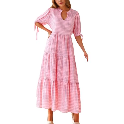 Generisch Maxikleid Winter Lässiges Midikleid für Damen: Kurzarm V-Ausschnitt Empire-Taille Gingham Frühlingsmode lang trendig gestuftes Abendkleid Kleid Blumenmuster Langarm (Red XXXL) von Generisch