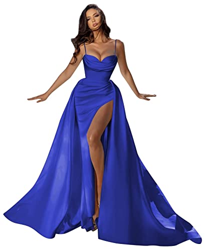 Generisch Meerjungfrau Abschlussball Kleider für Frauen Langer Schatz Brautkleid Plissiert Hoch Schlitz formelles Abendballkleid mit Schleppe Royal Blue L von Generisch