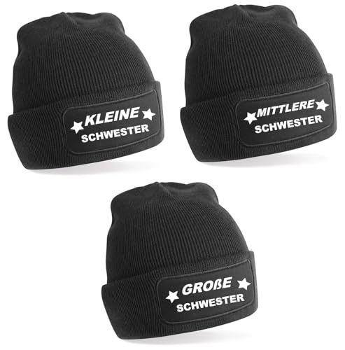 Generisch Meinlieblingsstueck24 3er Set, One Size Schwarze Beanie, Mützen mit Spruch: KLEINE Mittlere GROßE Schwester von Generisch