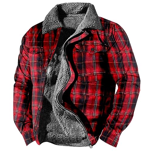 Generisch Men Jacket, Herren Lässig Mode Karierten Streifen Gedruckt Gepolstert Verdickte Jacke Winter Jacket For Motorrad Leder Motoradjacke Jacket 4Xl Ski (XL, Rot) von Generisch