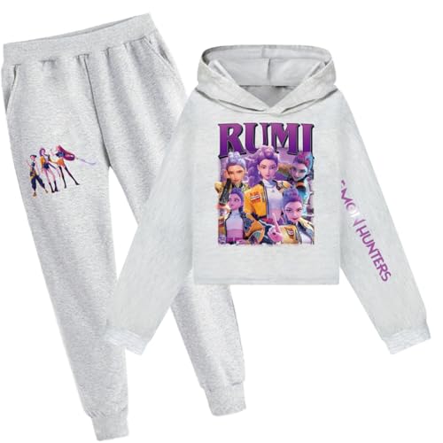 Generisch Mengmiao Huntrix KPop Huntr/x Hoodie Mädchen Outfit – 2-teiliges Set mit Kurzem Huntr/x Hoodie & Jogginghose, Huntrix Streetwear, Bedruckte Sport Anzug Kinder Teenager von Generisch