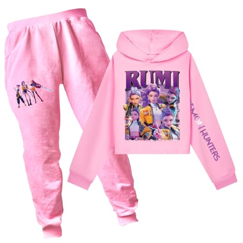 Generisch Mengmiao Huntrix KPop Huntr/x Hoodie Mädchen Outfit – 2-teiliges Set mit Kurzem Huntr/x Hoodie & Jogginghose, Huntrix Streetwear, Bedruckte Sport Anzug Kinder Teenager von Generisch