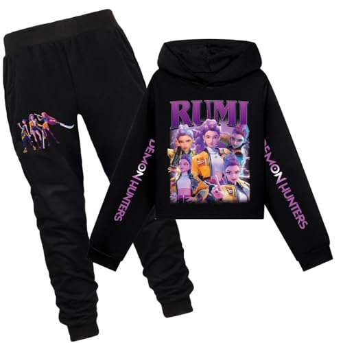 Generisch Mengmiao Huntrix KPop Huntr/x Hoodie Mädchen Outfit – 2-teiliges Set mit Kurzem Huntr/x Hoodie & Jogginghose, Huntrix Streetwear, Bedruckte Sport Anzug Kinder Teenager von Generisch
