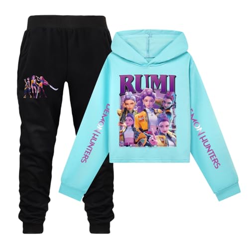Generisch Mengmiao Huntrix KPop Huntr/x Hoodie Mädchen Outfit – 2-teiliges Set mit Kurzem Huntr/x Hoodie & Jogginghose, Huntrix Streetwear, Bedruckte Sport Anzug Kinder Teenager von Generisch