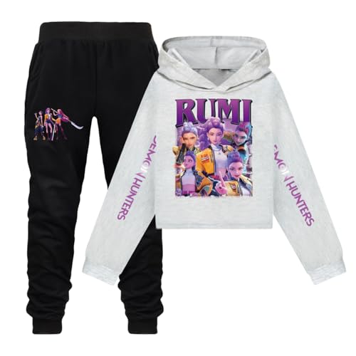 Generisch Mengmiao Huntrix KPop Huntr/x Hoodie Mädchen Outfit – 2-teiliges Set mit Kurzem Huntr/x Hoodie & Jogginghose, Huntrix Streetwear, Bedruckte Sport Anzug Kinder Teenager von Generisch