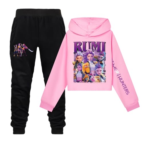 Generisch Mengmiao Huntrix KPop Huntr/x Hoodie Mädchen Outfit – 2-teiliges Set mit Kurzem Huntr/x Hoodie & Jogginghose, Huntrix Streetwear, Bedruckte Sport Anzug Kinder Teenager von Generisch