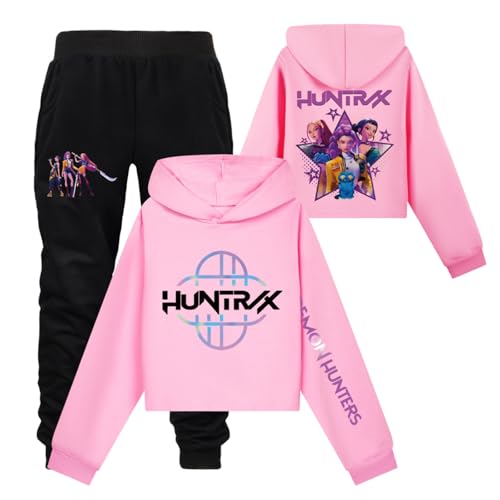 Mengmiao Huntrix KPop Huntr/x Hoodie & Set – Kurz Hontrix Pulli Pullover & Jogginghose für Mädchen, Teenager Streetwear, Bedruckter Kapuzen Hontrix Pulli Pullover Outfit, Trendiges K-Pop Fan Set von Generisch