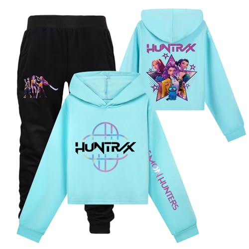 Mengmiao Huntrix KPop Huntr/x Hoodie & Set – Kurz Hontrix Pulli Pullover & Jogginghose für Mädchen, Teenager Streetwear, Bedruckter Kapuzen Hontrix Pulli Pullover Outfit, Trendiges K-Pop Fan Set von Generisch