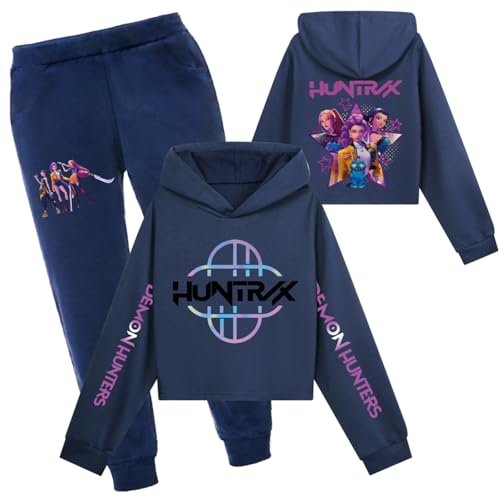 Mengmiao Huntrix KPop Huntr/x Hoodie & Set – Kurz Hontrix Pulli Pullover & Jogginghose für Mädchen, Teenager Streetwear, Bedruckter Kapuzen Hontrix Pulli Pullover Outfit, Trendiges K-Pop Fan Set von Generisch