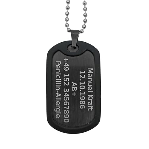 Dog Tag Personalisiert – Erkennungsmarke Edelstahl – Schwarz Kette Mit Namen – Gravur – Personalisierte Kette Herren – Militär Geschenke – 2 Mm Dick – Gravur – Set Mit Clip Und Gummi-Silencer Dog Tag Personalisiert – Erkennungsmarke Edelstahl – Schwarz Kette Mit Namen – Gravur – Personalisierte Kette Herren – Militär Geschenke – 2 Mm Dick – Gravur – Set Mit Clip Und Gummi-Silencer von Generisch