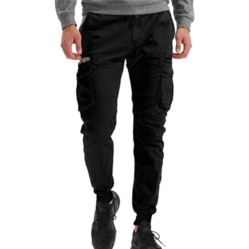 Generisch Military Jeans im Batik-Look mit Nieten und Kunstleder Applikationen in Slim-FIT mit Stretch Jogginghosen für Herren Herren Cargo Hose lang schwarz Herren Outdoor Hose von Generisch