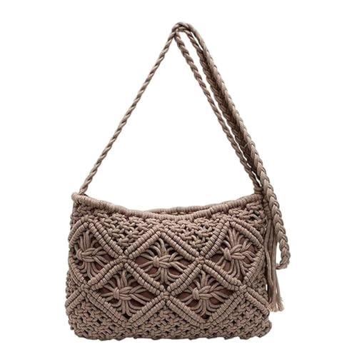Generisch Minimalistische Damen-Clutch mit Quaste – Retro-Tasche aus Baumwollseil, handgewebte Schultertasche aus Baumwollseil, Boho-Strandtasche (Light Grey,10.3 * 8.26 Inch) von Generisch