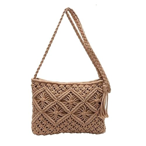 Generisch Minimalistische Quasten-Clutch für Damen – Retro-Gewebte Tasche aus Baumwollseil, Retro-Gewebte Tasche aus Baumwollseil, Boho-Strandtasche (Einheitsgröße,Khaki) von Generisch