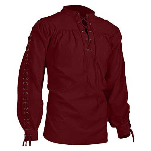 Generisch Mittelalter Hemd Herren Langarm Leinenhemd Viking Kostüm Baumwolle Leinen Vintage Schnürhemd Freizeithemd Renaissance Viktorian Steampunk Piraten Hemd Halloween Gothic Mittelalter Kleidung von Generisch