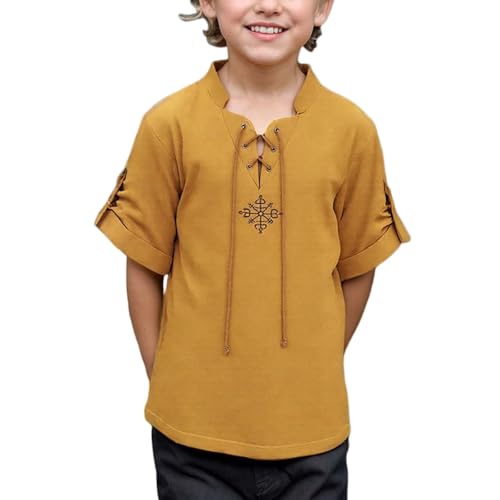 Generisch Mittelalter Hemd Kinder Renaissance Tunika Trachtenhemd Jungen Kurzarm Mittelalterhemd Kinderhemd Mittelalter Kleidung Oktoberfest Halloween Wikinger Ritter Hemden Piraten Ritterkostüm von Generisch