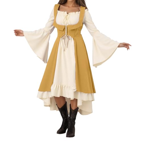 Generisch Mittelalter Kleidung Damen, Dameskleid in Einfarbig mit Schulterfreiem Ausschnitt, Batwing-Ärmeln und Spitzenverzierung im Gothic-Stil, Halloween Kleid Damen von Generisch