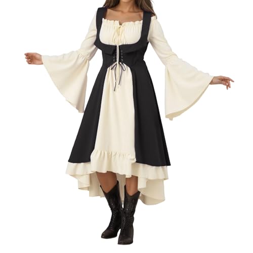Generisch Mittelalter Kleidung Damen, Dameskleid in Einfarbig mit Schulterfreiem Ausschnitt, Batwing-Ärmeln und Spitzenverzierung im Gothic-Stil, Halloween Kleid Damen von Generisch
