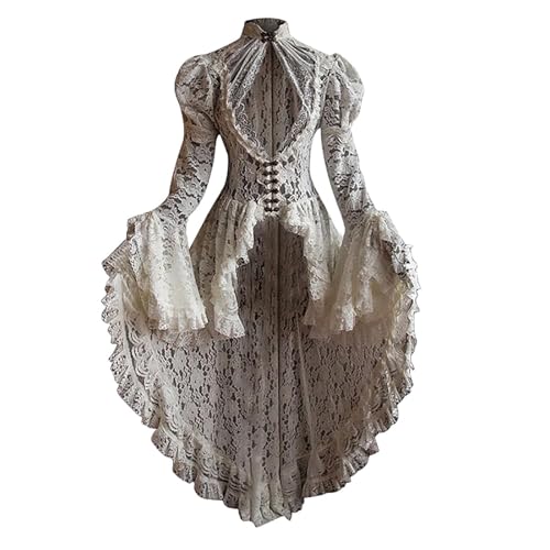 Generisch Mittelalter Kleidung Damen, Mittelalter Kleid Damen Spitzen Viktorianisches Renaissance Kleid Frack Jacke mit Trompetenärmel Gothic Steampunk Halloween Kostüm Damen Cosplay Smoking Uniform von Generisch