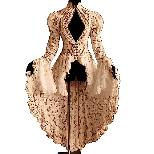 Generisch Mittelalter Kleidung Damen Spitzen Viktorianisches Renaissance Kleid Frack Jacke mit Trompetenärmel Gothic Steampunk Halloween Kostüm Cosplay Smoking Uniform Mittelalter Kleid Damen von Generisch