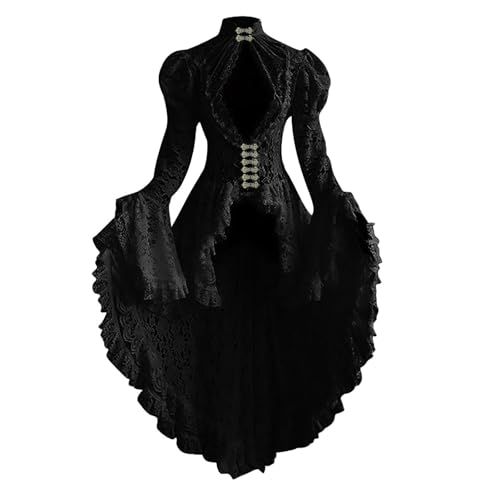 Generisch Mittelalter Kleidung Damen Spitzen Viktorianisches Renaissance Kleid Frack Jacke mit Trompetenärmel Gothic Steampunk Halloween Kostüm Cosplay Smoking Uniform Mittelalter Kleid Damen von Generisch