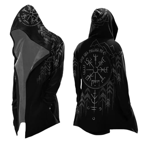 Generisch Mittelalter Kleidung Herren Halloween Kostüm Wikinger Hoodie Kapuzenpullover Odin Mythos Jacke Herbst Winter Sweatjacke Skandinavien Umhang Cape Gothic Freizeitjacke für Cosplay Karneval von Generisch