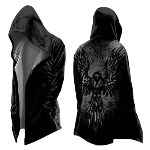 Generisch Mittelalter Kleidung Herren Halloween Kostüm Wikinger Hoodie Kapuzenpullover Odin Mythos Jacke Herbst Winter Sweatjacke Skandinavien Umhang Cape Gothic Freizeitjacke für Cosplay Karneval von Generisch